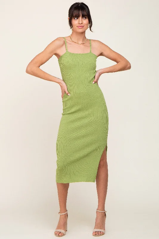 ladies-midi-dress-travel-twirl-Light Olive Ribbed Knit Side Slit Midi Dress