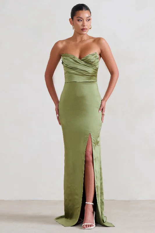 ladies-maxi-dress-floor-length-fable-Coraline | Olive Strapless Maxi Dress With Split