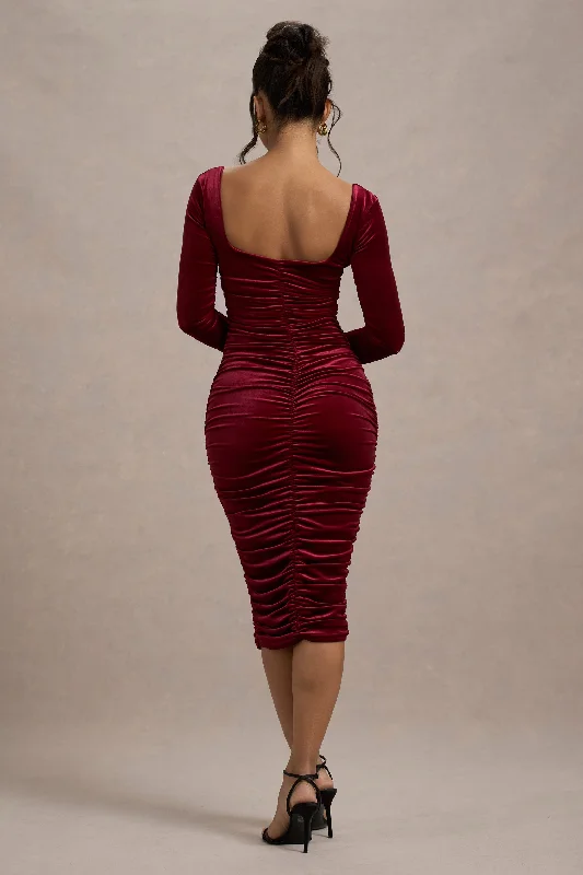 Women's bodycon dress wet chic -Seductress | Berry Velvet Square Neck Bodycon Midi Dress With Long Sleeves