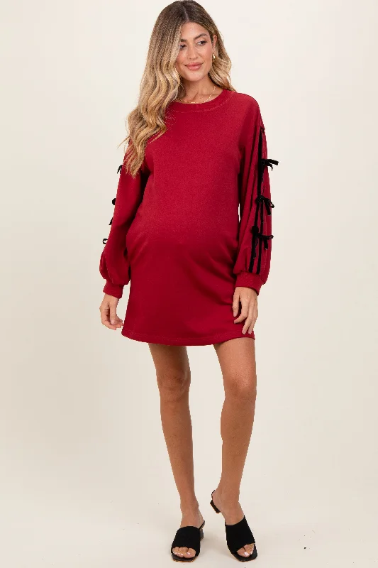 Women's mini dress mid chic -Red Bow Detail Long Sleeve Sweatshirt Maternity Mini Dress