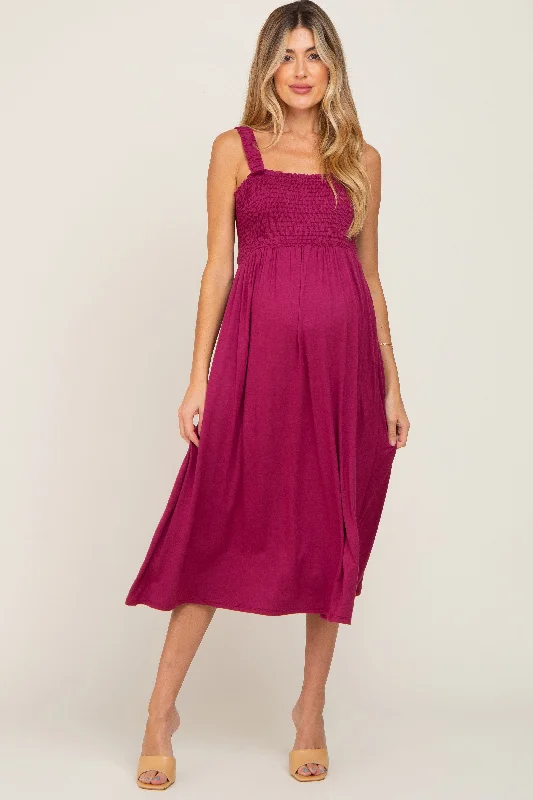 ladies-midi-dress-zip-front-zen-Magenta Smocked Ruffle Strap Maternity Midi Dress