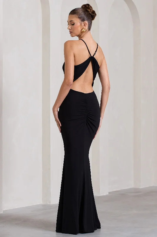 ladies-maxi-dress-orchid-opal-Brianna | Black Sleeveless Halter-Neck Open-Back Maxi Dress