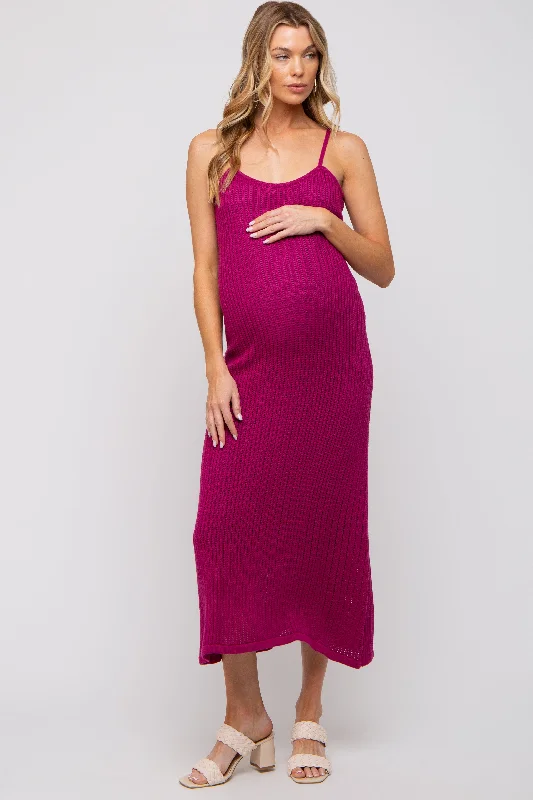 ladies-midi-dress-velvet-vibe-Magenta Open Knit Crochet Maternity Midi Dress