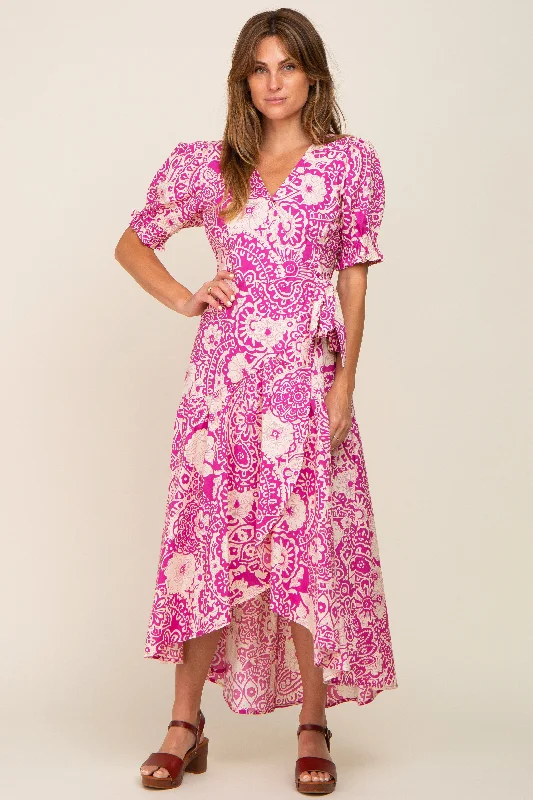 ladies-floral-dress-glam-glow-Magenta Floral Paisley Wrap Dress