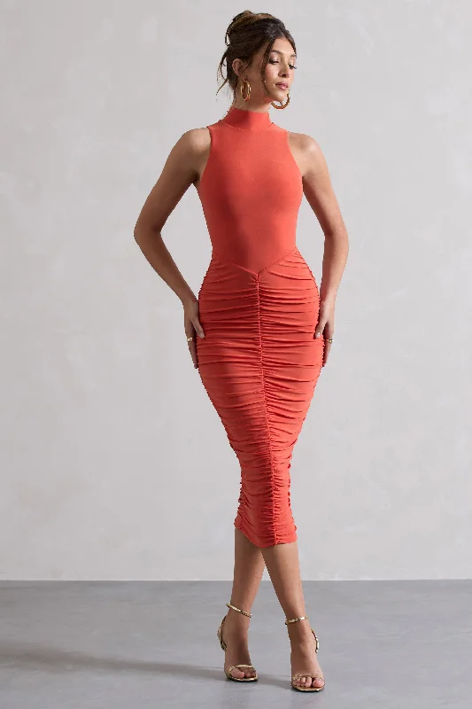 Women's bodycon dress pure chic -Sidnie | Orange Ruched Bodycon High-Neck Midi Dress