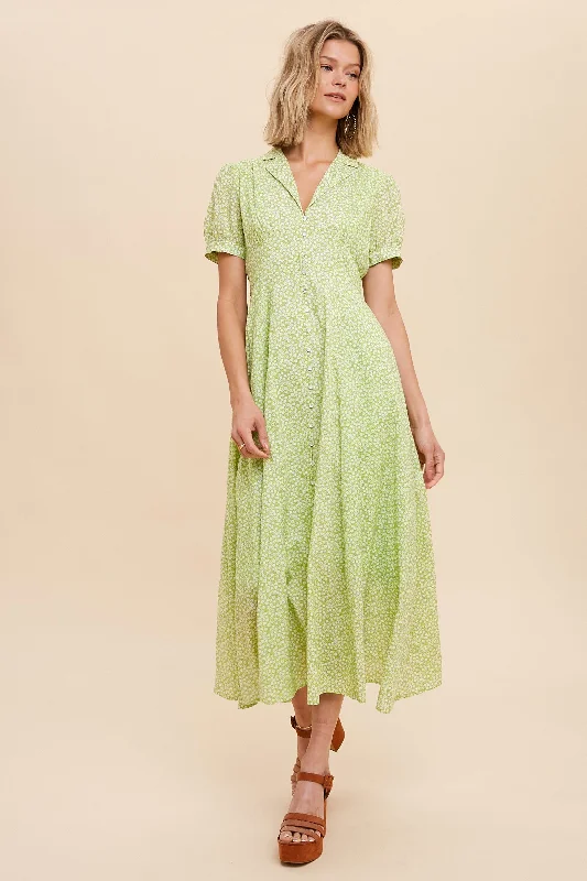 ladies-midi-dress-geometric-glow-Lime Collared Button Down Midi Dress