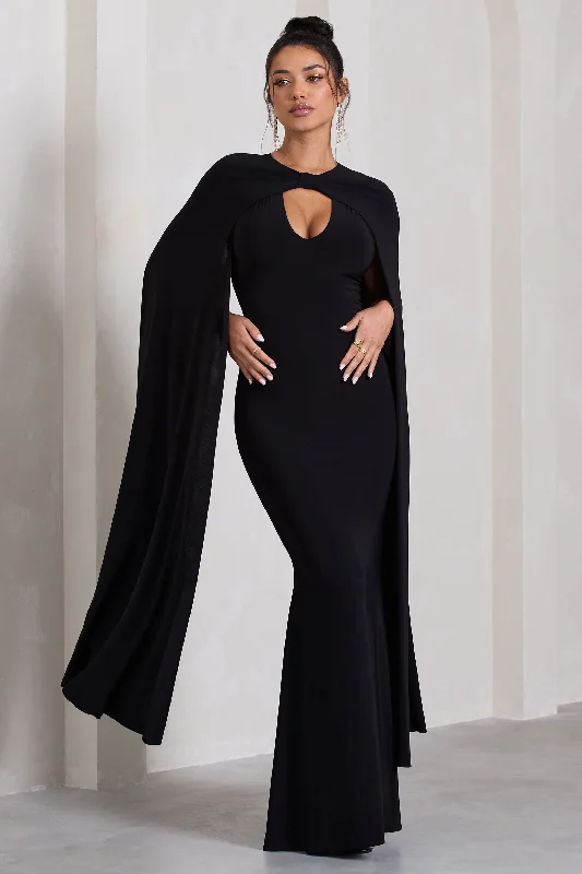 ladies-maxi-dress-cowl-cool-Standing Ovation | Black Plunge-Neck Cape Maxi Dress