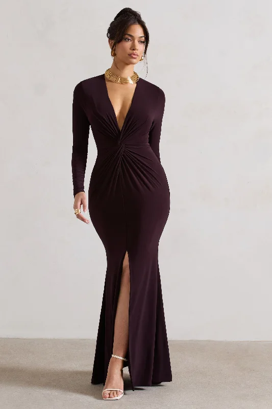 ladies-maxi-dress-preppy-poise-Tianna | Dark Plum Plunge-Neck Twisted Split Maxi Dress