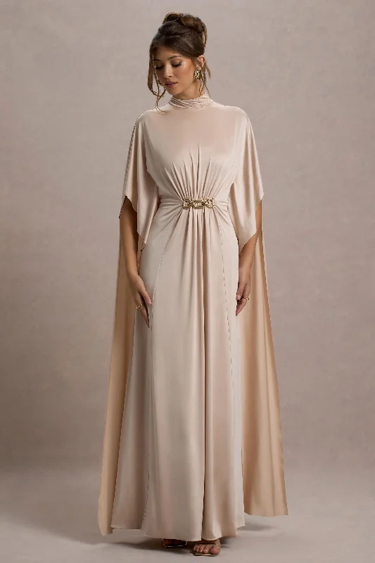 ladies-maxi-dress-ivory-illume-Olessia | Champagne Belted Gathered Cape-Sleeve Maxi Dress