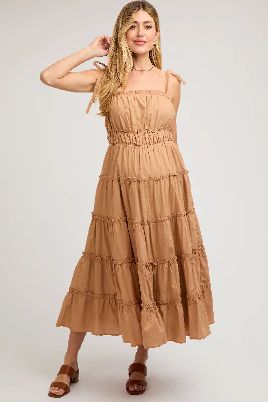 ladies-midi-dress-elastic-ease-Camel Tiered Tie Strap Maternity Midi Dress