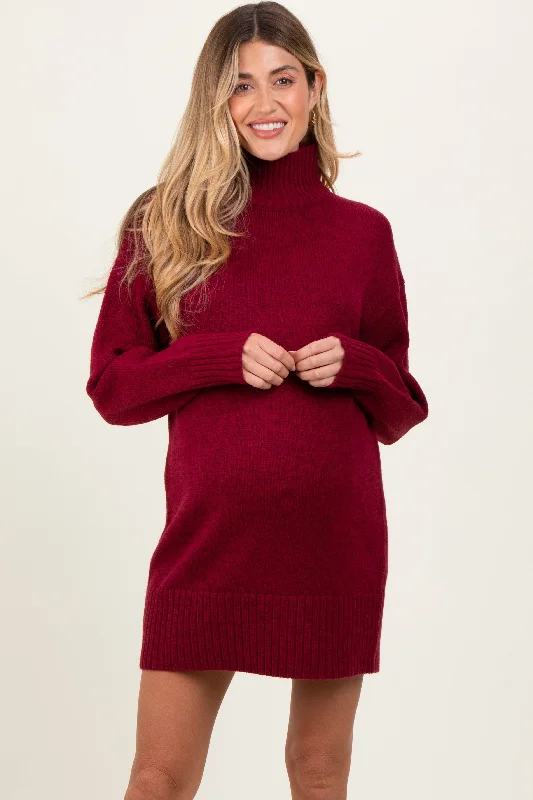 Women's mini dress rim chic -Burgundy Turtle Neck Maternity Mini Sweater Dress