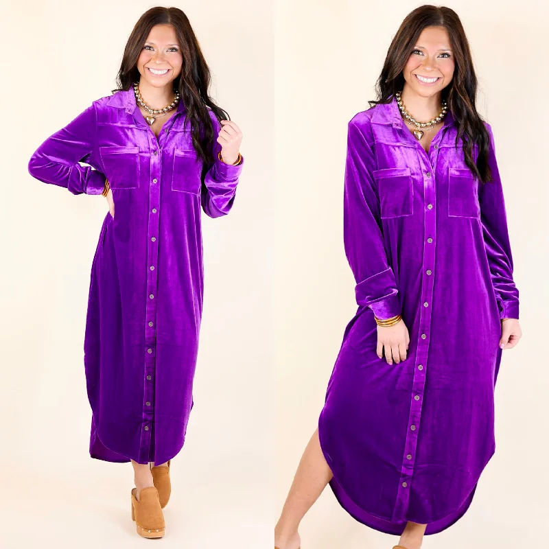 ladies-midi-dress-backless-bloom-London Fog Velvet Button Up Midi Dress with Long Sleeves in Purple