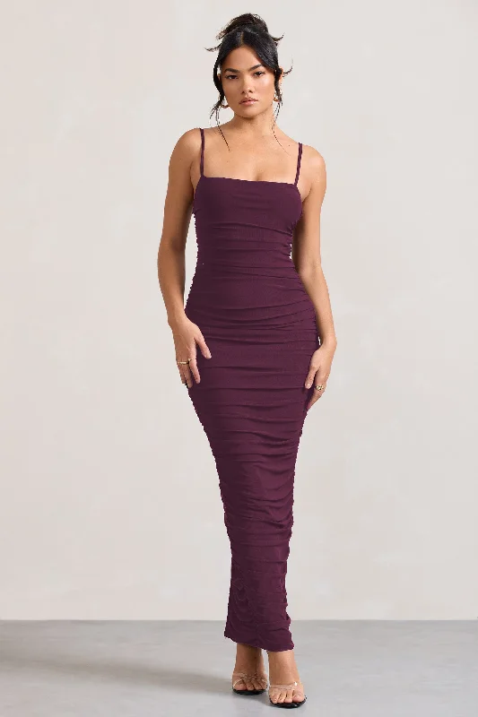 Women's bodycon dress vine flair -Ellis | Plum Ruched Mesh Strappy Bodycon Maxi Dress