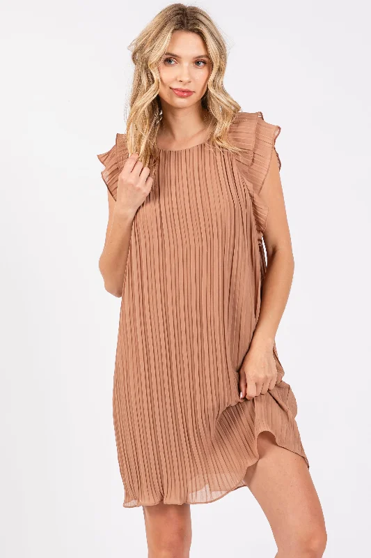 Women's mini dress smooth glow -Mocha Flutter Sleeve Pleated Chiffon Mini Dress