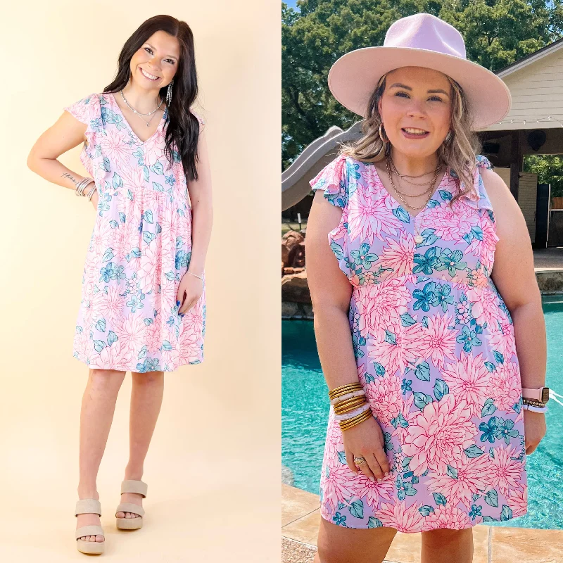 ladies-floral-dress-luxe-lush-Sunshine On My Mind Floral Ruffle Cap Sleeve Dress in Lilac Pink