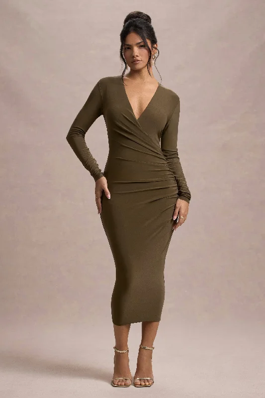 Women's bodycon dress glee chic -Marcia | Khaki Bodycon Plunge-Neck Midi Dress