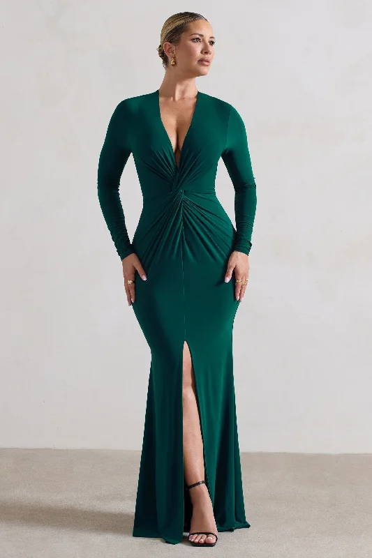 ladies-maxi-dress-tall-tide-Tianna | Bottle Green Plunge-Neck Twisted Split Maxi Dress