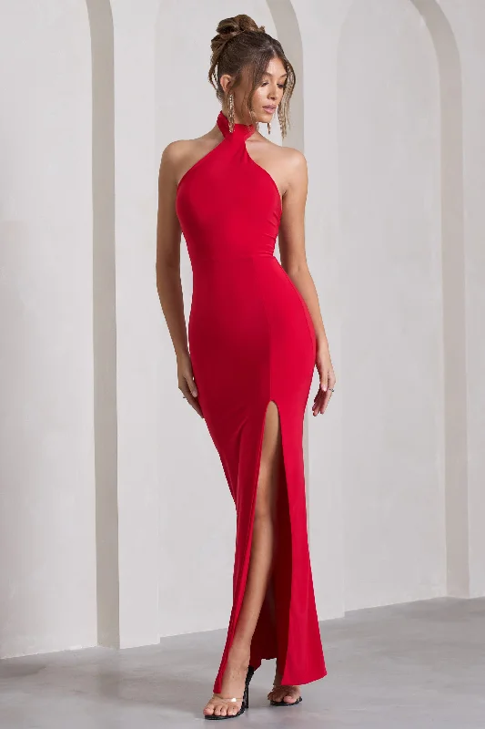 ladies-maxi-dress-elastic-essence-Pamela | Red Halter-Neck Sleeveless Split Maxi Dress