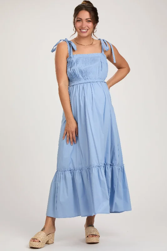 ladies-midi-dress-sporty-sweep-Light Blue Pleated Shoulder Tie Maternity Midi Dress