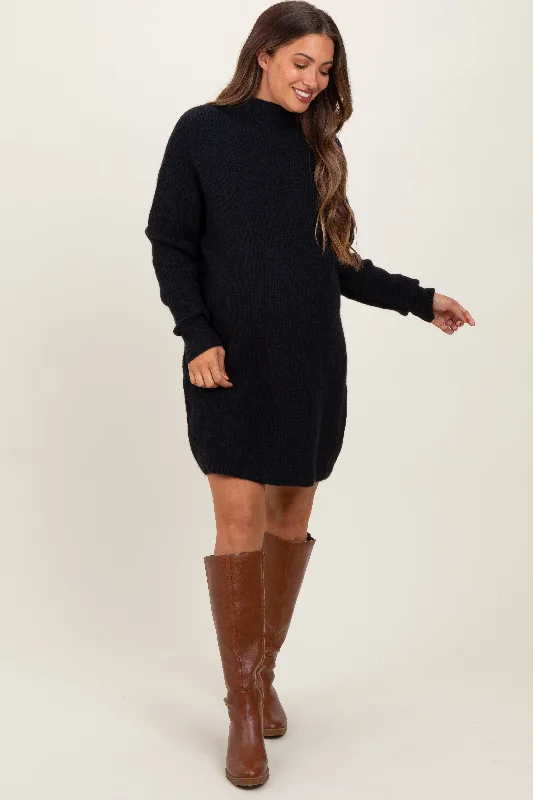 Women's mini dress warm pop -Black Mock Neck Maternity Mini Sweater Dress