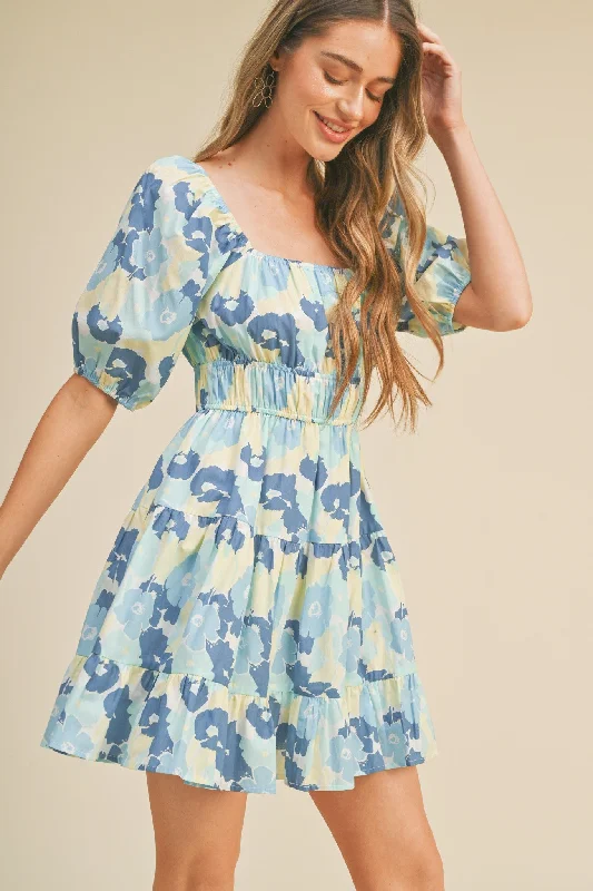 Women's mini dress eve chic -Blue Floral Print Tiered Mini Dress