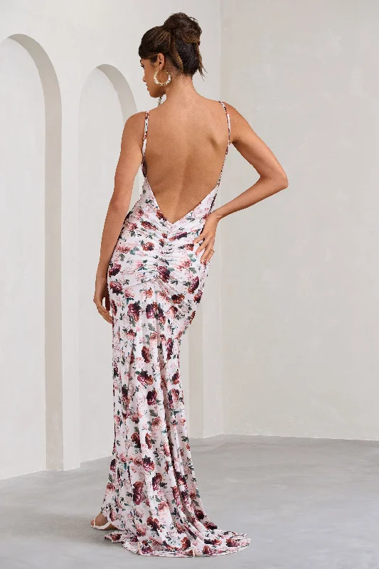 ladies-maxi-dress-cocktail-calm-Adele | White Floral Print Backless Ruched Fishtail Cami Maxi Dress