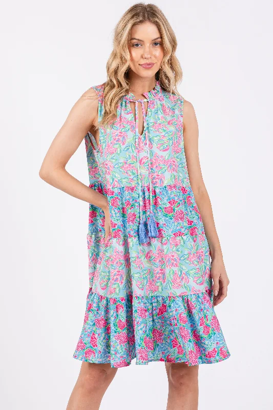 ladies-floral-dress-berry-bloom-Light Blue Mixed Floral Tiered Dress