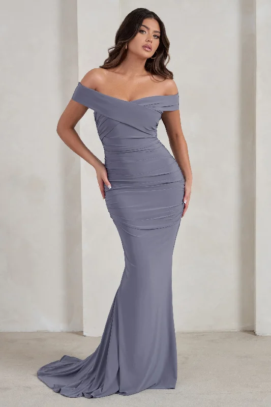 ladies-maxi-dress-sporty-sweep-Apolline | Grey Off The Shoulder Ruched Fishtail Maxi Dress