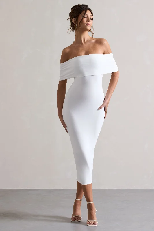 Women's bodycon dress lush glow -Averie | White Bodycon Bardot Midi Dress