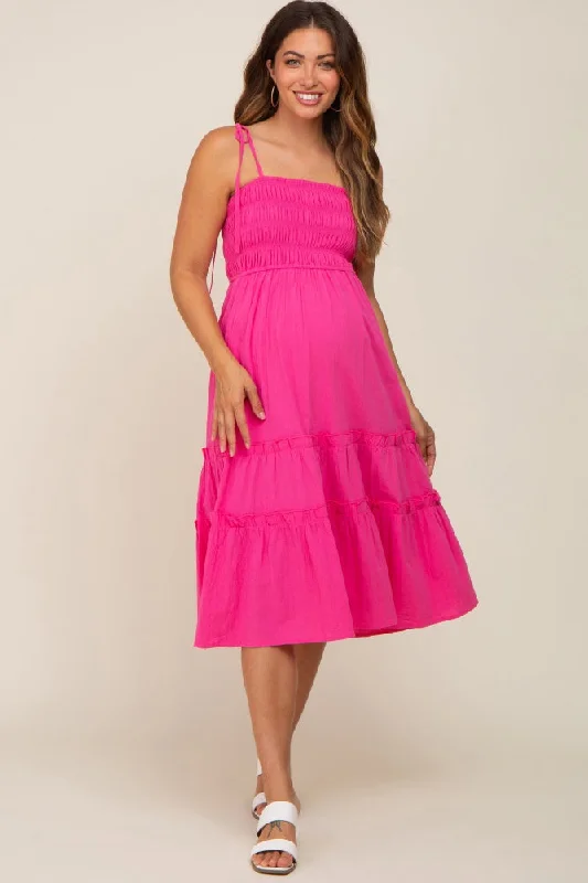 ladies-midi-dress-holiday-hue-Fuchsia Sleeveless Tiered Maternity Midi Dress