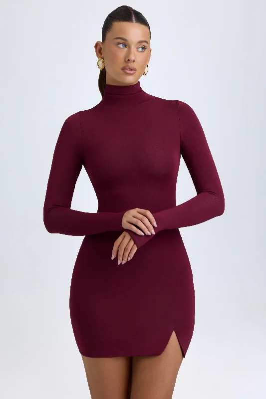 Women's mini dress 80s pop -Modal Turtleneck Mini Dress in Wine Red