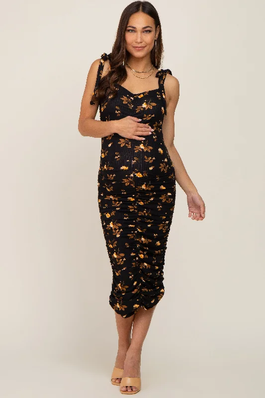 ladies-midi-dress-weekend-whisper-Black Floral Ruched Shoulder Tie Maternity Midi Dress