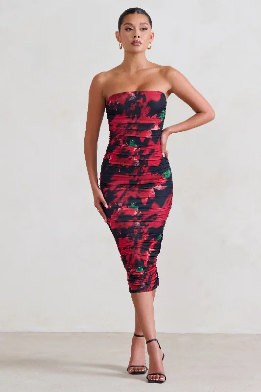 Women's bodycon dress day pop -My Girl | Black & Red Floral Print Bandeau Bodycon Ruched Mesh Midi Dress