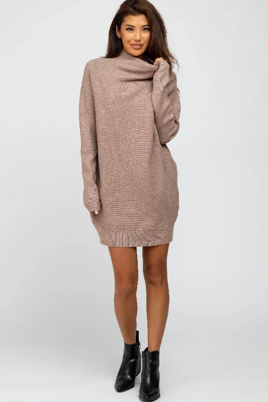 Women's mini dress crew chic -Taupe Funnel Neck Dolman Sleeve Mini Dress