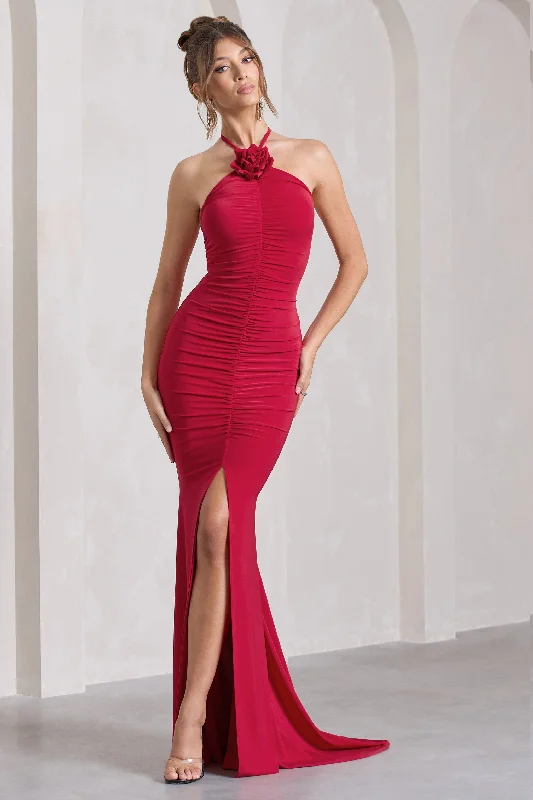 ladies-maxi-dress-burgundy-bloom-Holly | Red Ruched Halter-Neck Split Fishtail Maxi Dress