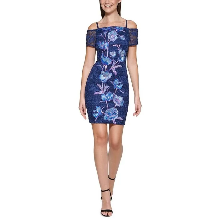 Women's bodycon dress silk chic -Guess Women's Embroidered Floral Bodycon Dress Blue Size 2