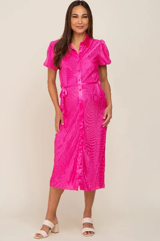 ladies-midi-dress-dark-depth-Fuchsia Pleated Button-Down Collared Maternity Midi Dress