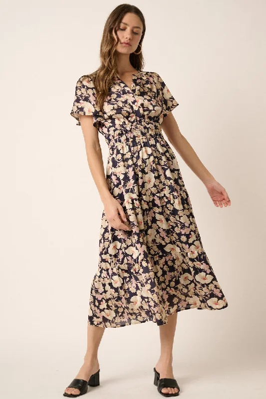 ladies-midi-dress-mesh-magic-Navy Flower Print Placket Front Midi Dress