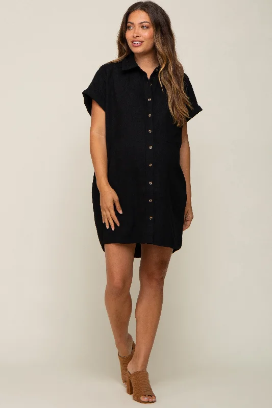 Women's mini dress muse chic -Black Ribbed Button Down Maternity Mini Dress