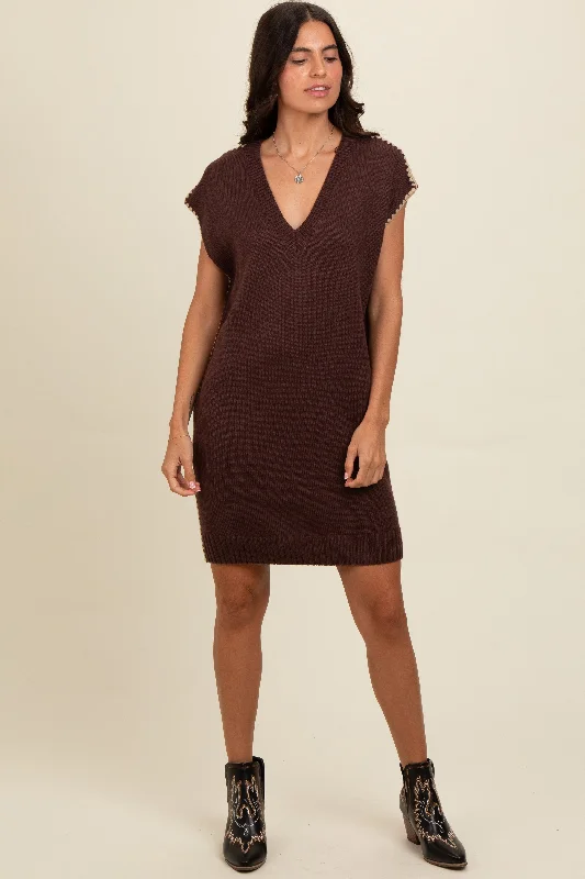 Women's mini dress drift flair -Brown Contrast Stitch V-Neck Mini Sweater Dress