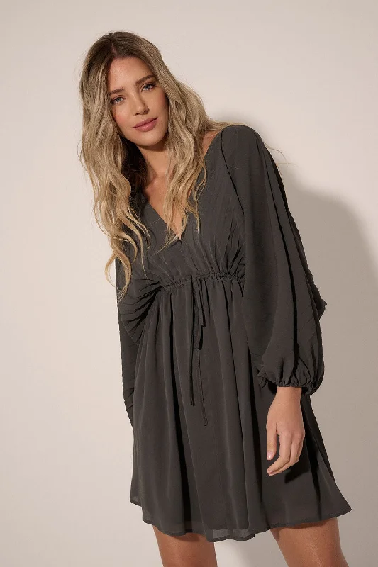 Women's mini dress bloom glow -Charcoal Solid Deep V Neck Chiffon Bishop Sleeve Mini Dress