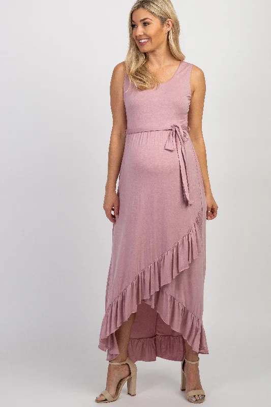 ladies-maxi-dress-prom-poise-PinkBlush Mauve Sleeveless Hi-Low Ruffle Trim Maternity Maxi Dress