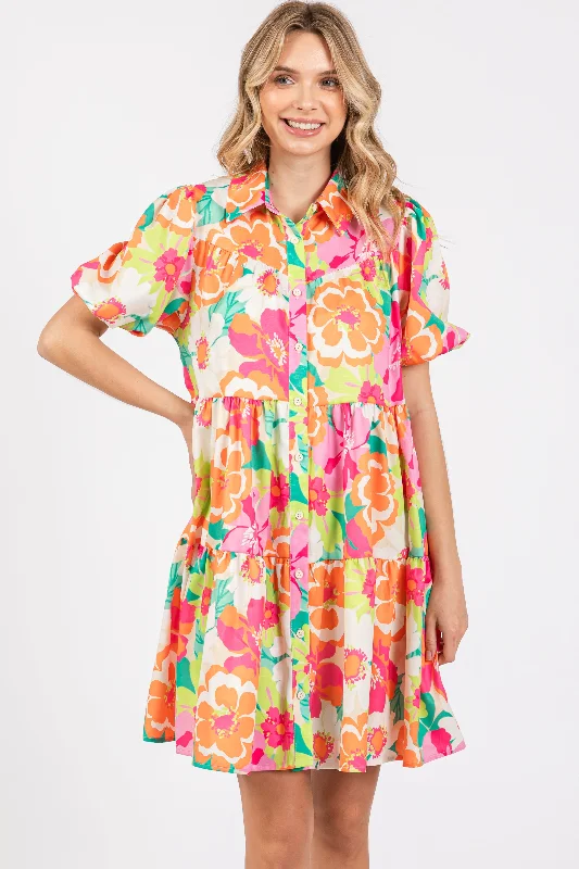 ladies-floral-dress-slit-sprinkle-Fuchsia Floral Collared Button Up Tiered Dress