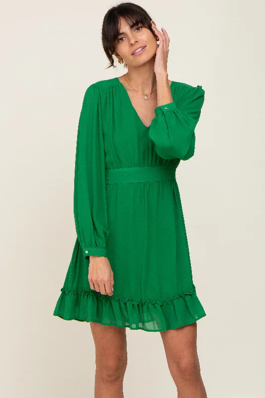 Women's mini dress skip pop -Green Chiffon Ruffle Accent Mini Dress