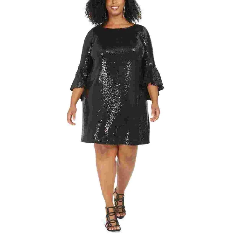 Women's party dress velvet flair -Jbs Ltd Women's Sequined Zippered Bell Sleeve Jewel Neck Above The Knee Sheath Party Dress Black Size 1X