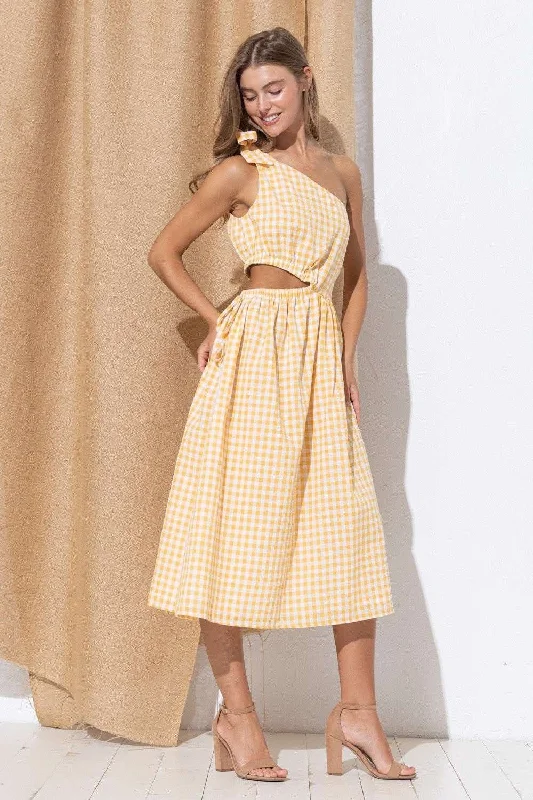 ladies-midi-dress-one-shoulder-sweep-Yellow Plaid Sleeveless Midi Skirt Dress