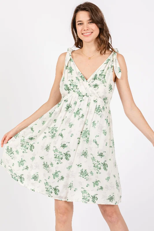 ladies-floral-dress-lapis-lush-Ivory Green Floral Knotted Wrap V-Neck Dress