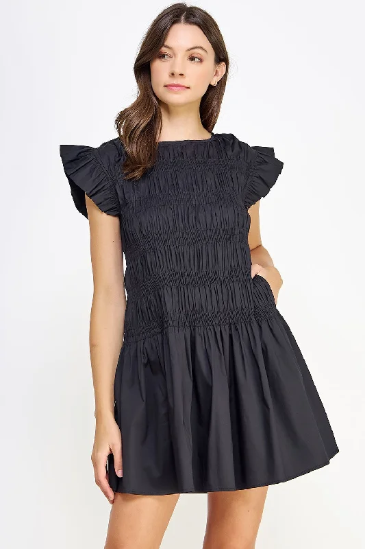 Women's mini dress coy flair -Black Smocked Bodice Poplin Mini Dress