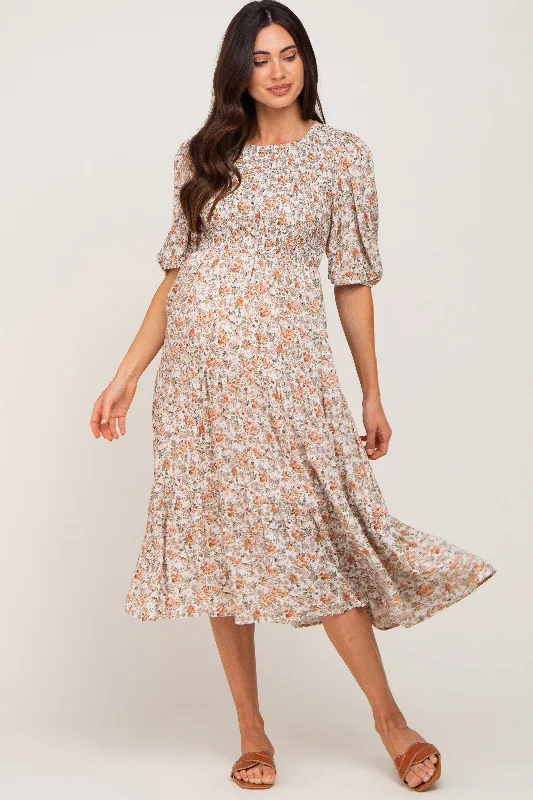 ladies-midi-dress-belted-bliss-Taupe Floral Smocked Tiered Maternity Midi Dress