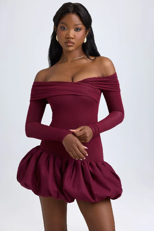 Women's mini dress glee pop -Modal Off-Shoulder Bubble Hem Mini Dress in Wine Red